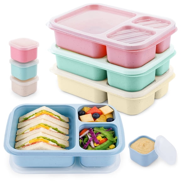 Lumikrypt 4 Pack Wheat Straw Bento Box, 3-Compartment Lunch Containers with 4 Leakproof Sauce Containers, Microwave & Dishwasher Safe, BPA Free