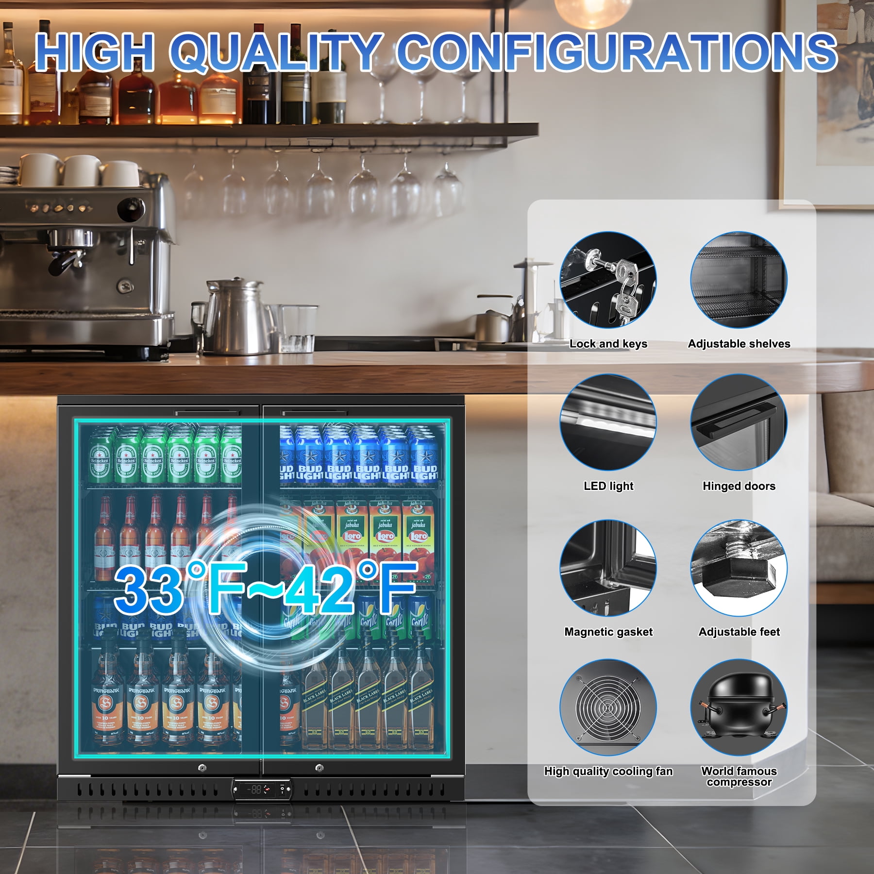 Amerikit Back Bar Cooler with 2 Glass Doors, 7.9 cu.ft Under Counter Height Beverage Refrigerator for Beer, Wine, Soda, Drinks, ETL Approved