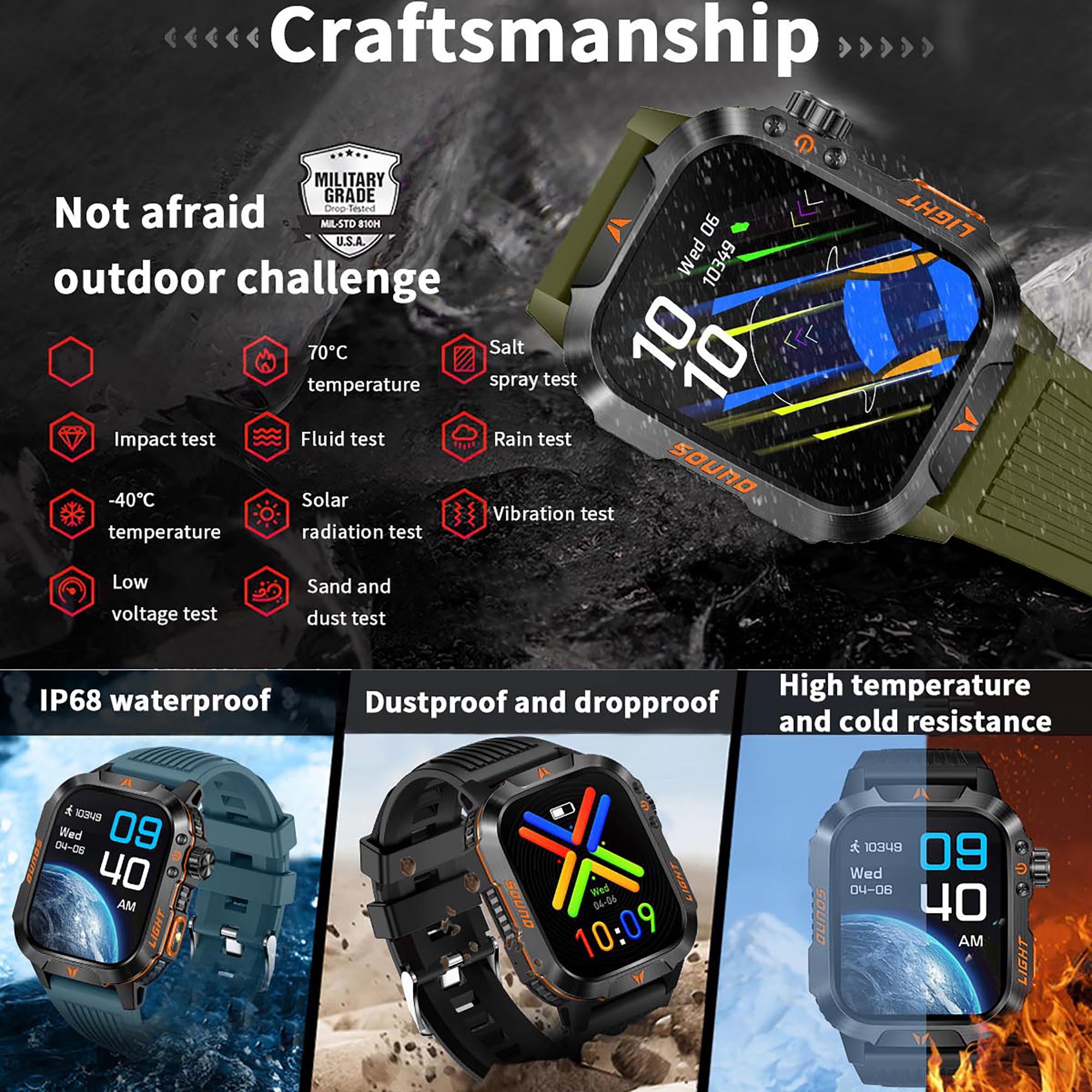 Smart Watch Compass HD Aluminum Alloy Durable IP68 Waterproof with Led Flashlight 600mAh 20 Days Fitness Smartwatch for Android Ios Women Men Watch