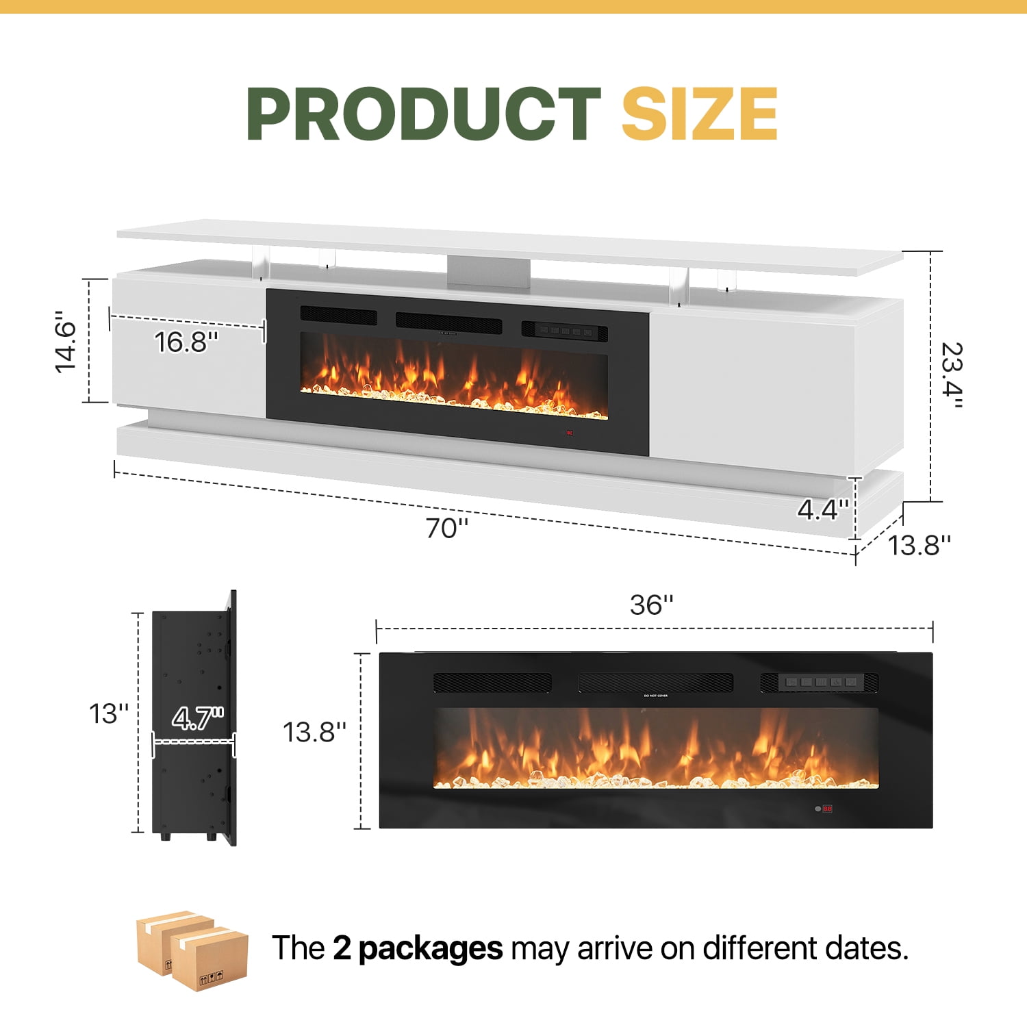 BaPiPro 70" Modern Electric Fireplace TV Stand for TVs Up to 80", Entertainment Center with Music Sync LED Lights & Storage Cabinets, Media Console for Living Room, White