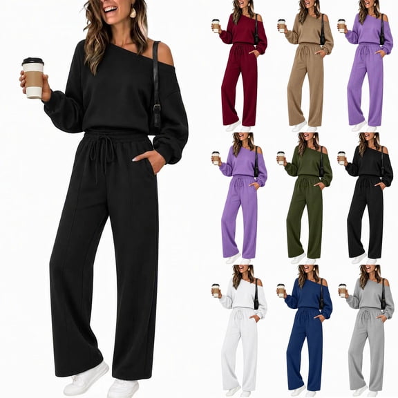 Teuyenhk 2 Piece Lounge Sets for Women One Shoulder Long Sleeve Pullover Straight Leg Pants with Pockets Sweat Set Fall Tracksuit Outfits
