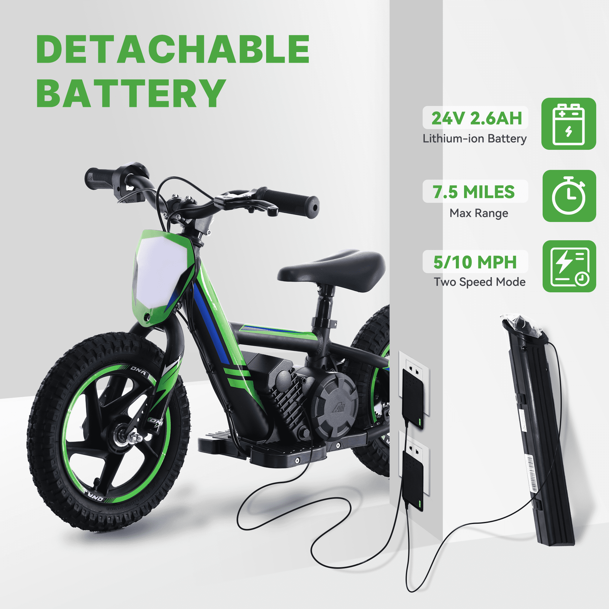 24V Electric Dirt Bike for Kids, Detachable Battery, 10MPH Max Speed, 12 inch Tires Fit Ages 3-6, Green