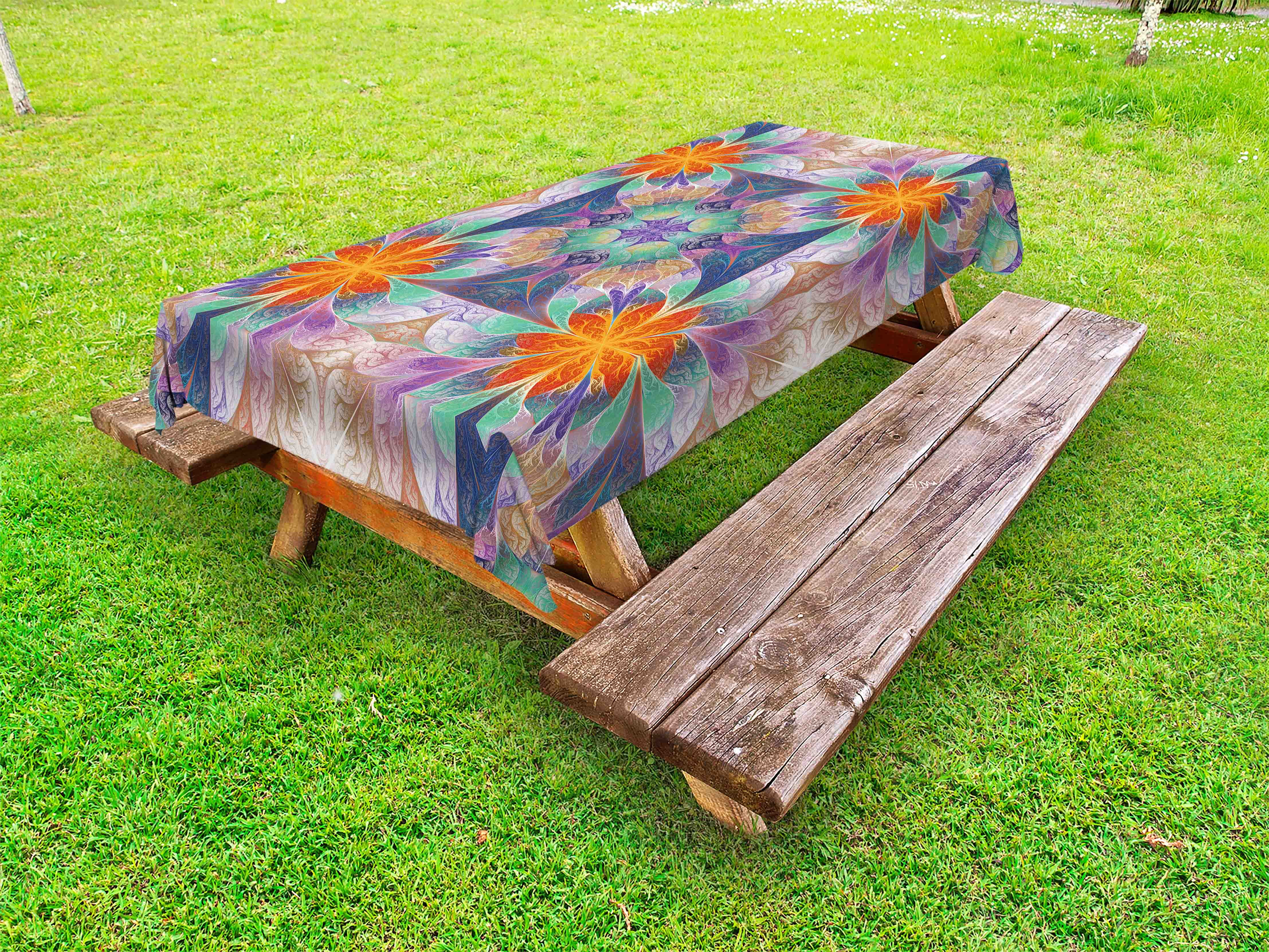Fractal Outdoor Tablecloth, Floral Flowers Ottoman Natural Design with