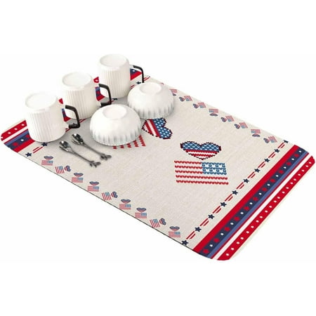 

Love Heart 4th of July Dish Drying Mat for Kitchen Counter Super Absorbent Quick Dry Coffee Bar Mat Pad Thin Diatomaceous Sink Mat Non Slip Dish Drainer Mat 23.5x15.5 Rustic Blue Red Independence Day