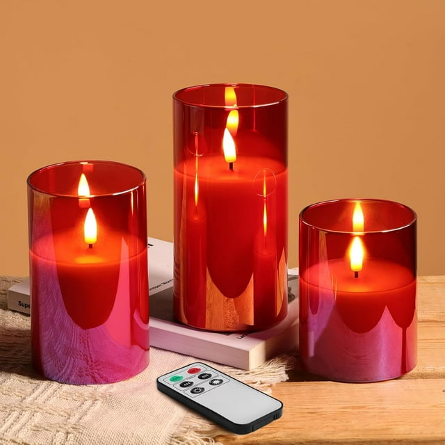 Bougies en Verre Rouges Sans Flamme avec Télécommande, Ensemble de 3 Bougies à Piles à DEL Vacillantes, Déco Maison Mariage Cadeaux Saisonniers D 3 Pouces H 4 Pouces 5 Pouces 6 Pouces