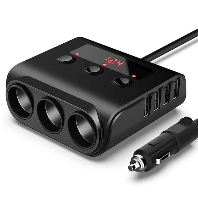 Adaptador divisor para encendedor de cigarrillos, 100 W, 12 V/24 V, 3 tomas, 4 puertos USB, cargador de coche, salida de CC con fusible reemplazable de 7 A y voltímetro.