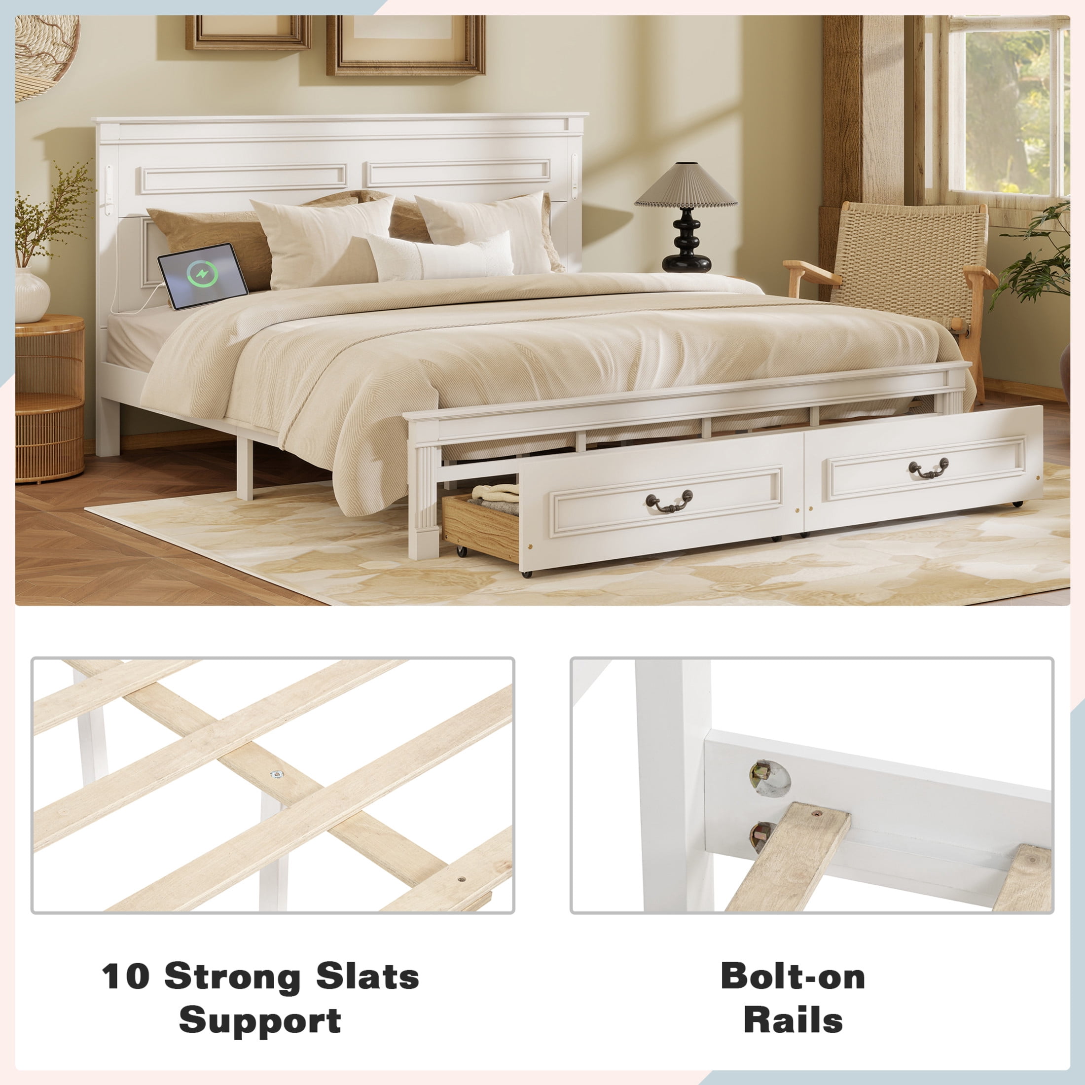 Noble House Corneille King Farmhouse Bed with LED Headboard, USB Charging Station, Storage Drawers, Pine Wood, White