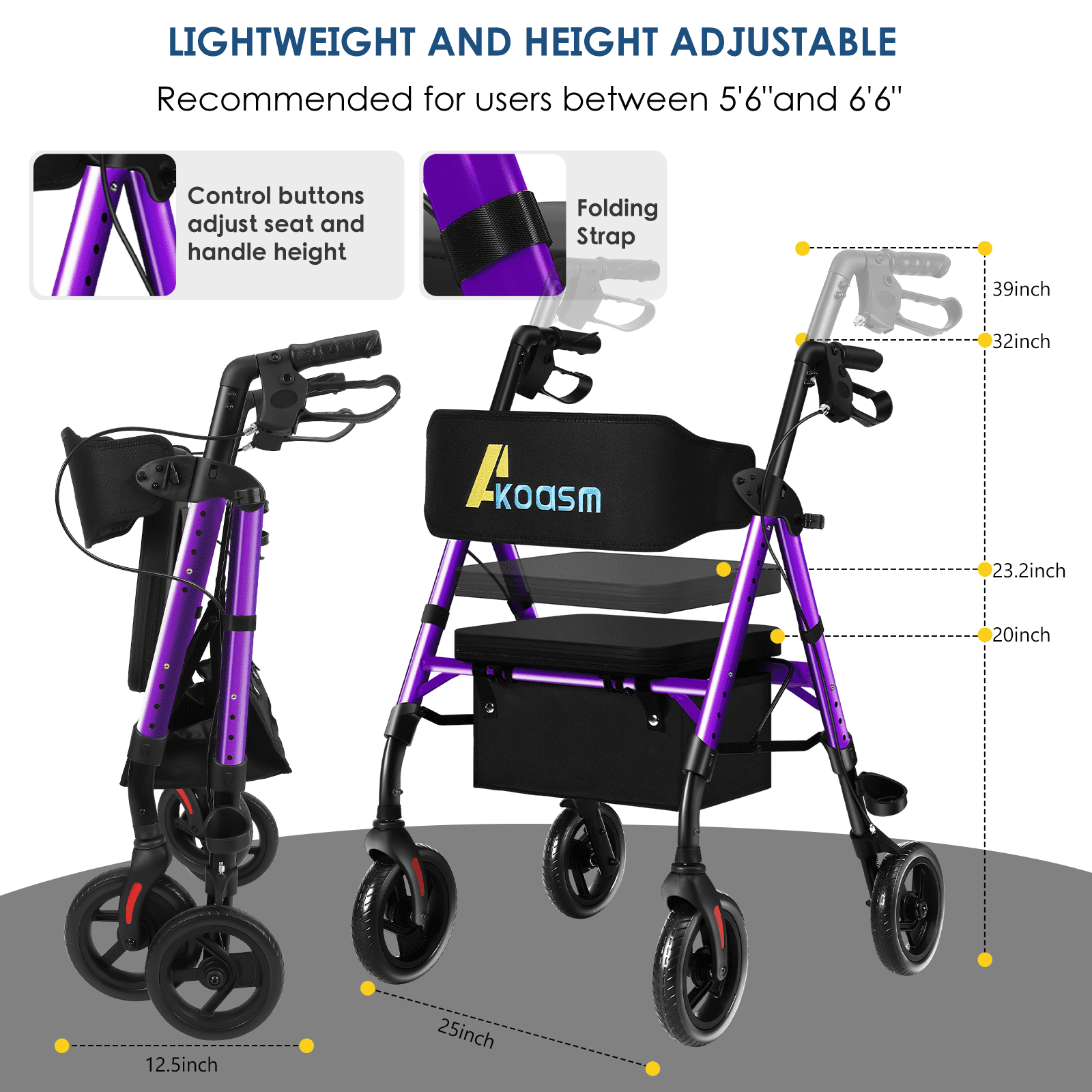 Lightweight Foldable Rollator Walkers for Seniors with Seat - Adult Rolling Walker with Seat and Brakes, 300 Lb Capacity, All Terrain 8" Big Roller Wheels, Adjustable Handles and Seat Height, Purple