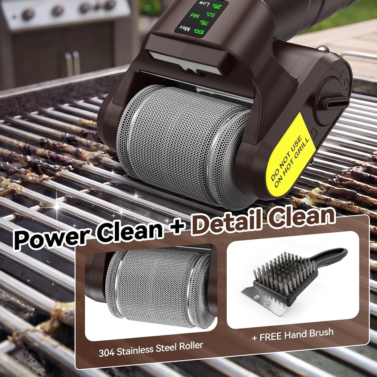 Electric Grill Brush, 3-Speed 770RPM Electric Grill Cleaner with LED Light, Long Runtime Rechargeable Outdoor BBQ Brush, Removable Stainless Steel Roller for Most Grates