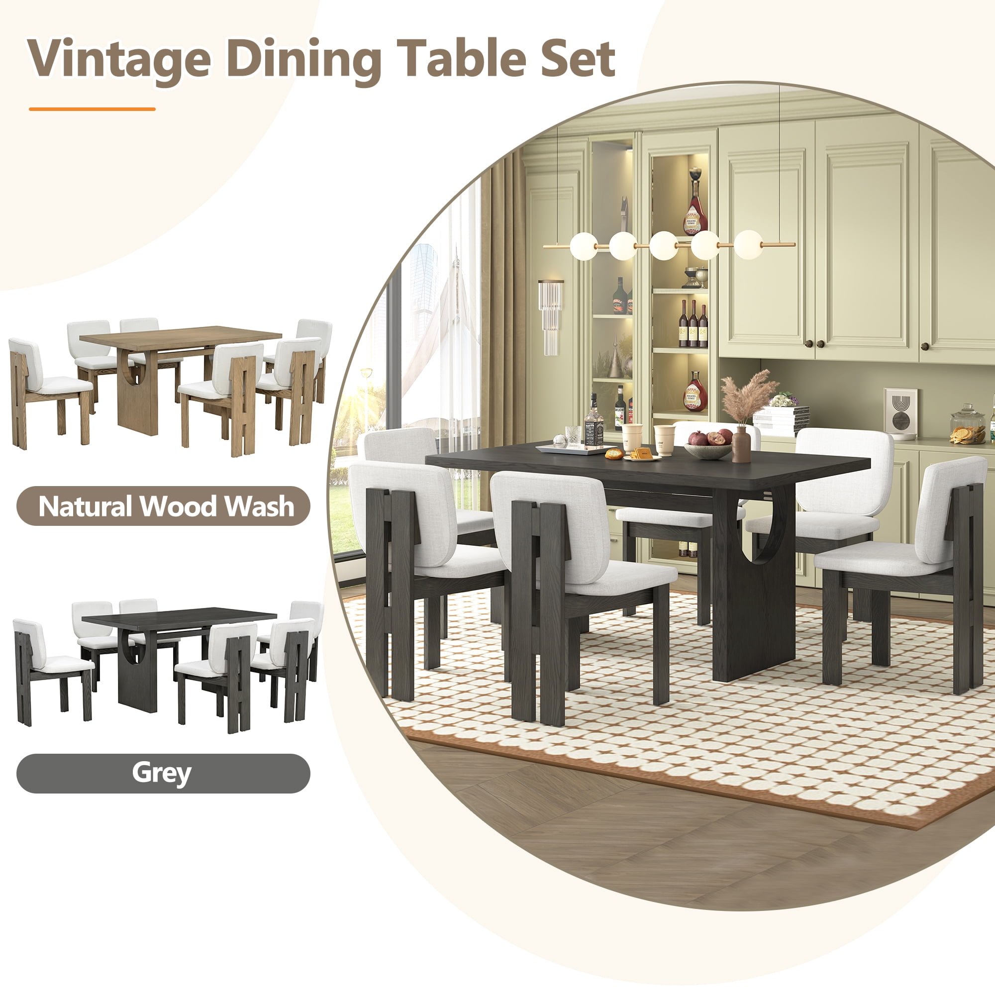 7-Piece Dining Table Set for 6, 60" Rectangular Dining Table with 6 Upholstered Chairs