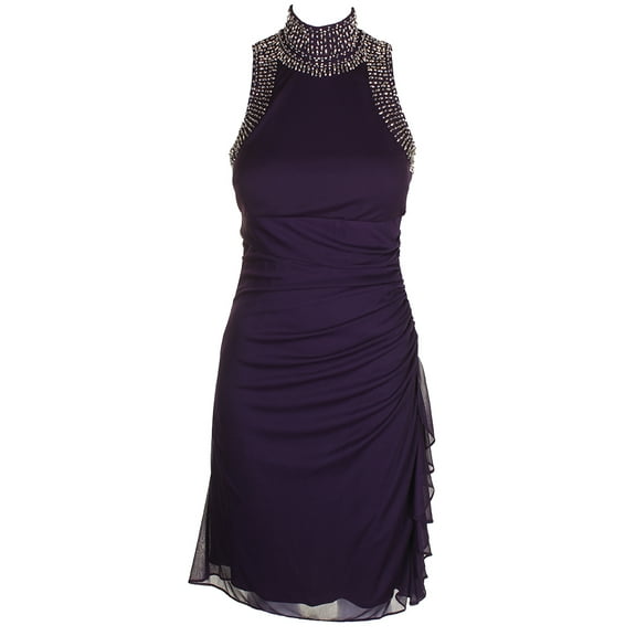 B & A By Betsy & Adam Womens Purple Sleeveless Embellished Front Chiffon Sheath Dress 6