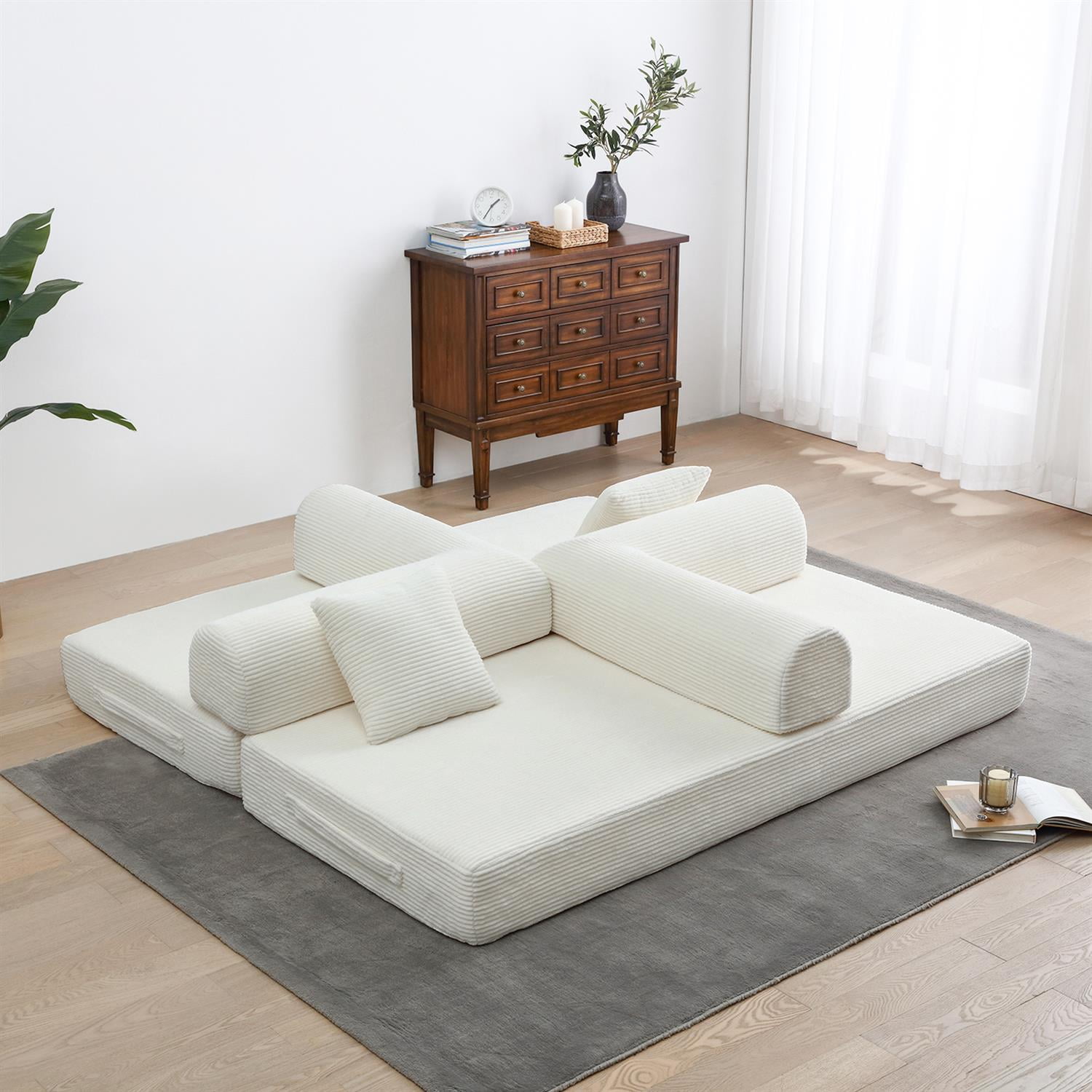 Demi Bonn 77" Convertible Sleeper Sofa Bed, Corduroy Foldable Mattress Couch with Cylindrical Pillow & Fixed Frame for Living Room, Bedroom, White