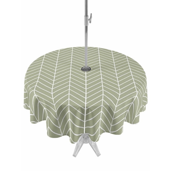 Outdoor Tablecloths with Umbrella Hole & Zipper, Sage Green Geometric Round Tablecloths 60 Inch, Minimalism Solid Color Striped Lines Waterproof Table Cloth, Patio/Pool/Picnic Table Covers