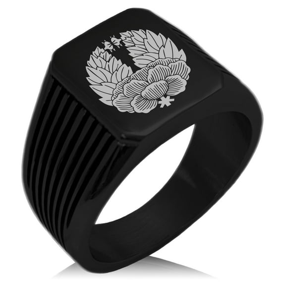 Stainless Steel Tsugara Samurai Crest Needle Stripe Pattern Biker Style Polished Ring