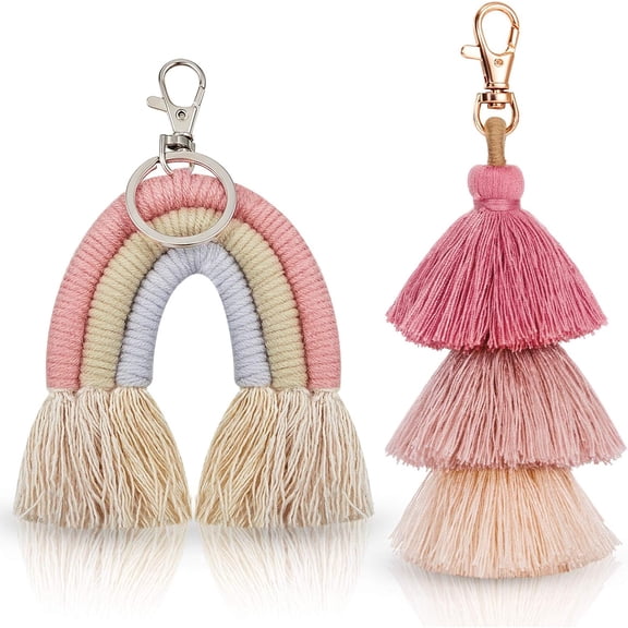 888 2 Pieces Boho Rainbow Keychains Pom Pom Tassel Macrame Keychains for Women