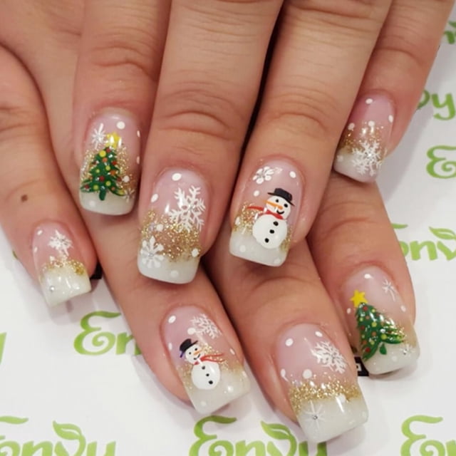 WBRRFJJ Uñas postizas adhesivas navideñas 24 piezas cuadradas con muñecos de nieve