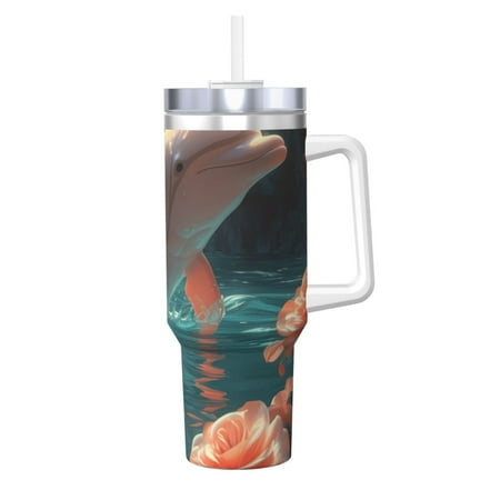 

Cauagu Flower White Dolphin Print Stainless Steel Vacuum Insulated Tumbler 40oz Water Bottle with Handle & Flip Straw Reusable Travel Coffee Mug for Women & Men