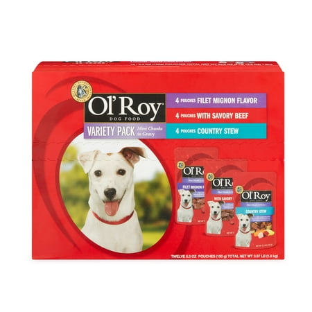 (12 Pack) Ol' Roy Mini Chunks in Gravy Wet Dog Food Variety Pack, Filet Mignon, Savory Beef & Country Stew, 5.3