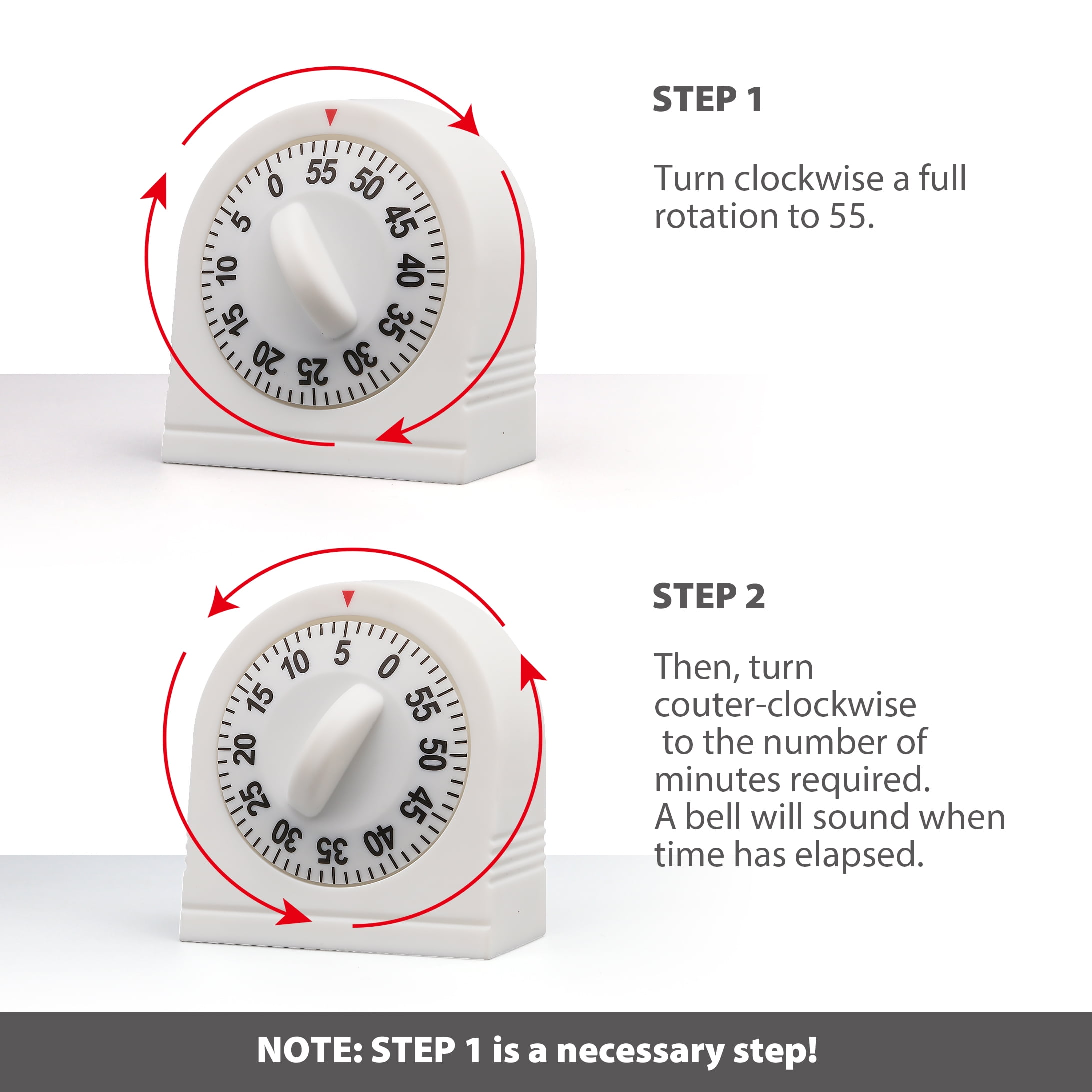 Mainstays MECHANICAL KITCHEN TIMER White 1-60 MINUTES Easy-to-Read Numbers  ALARM