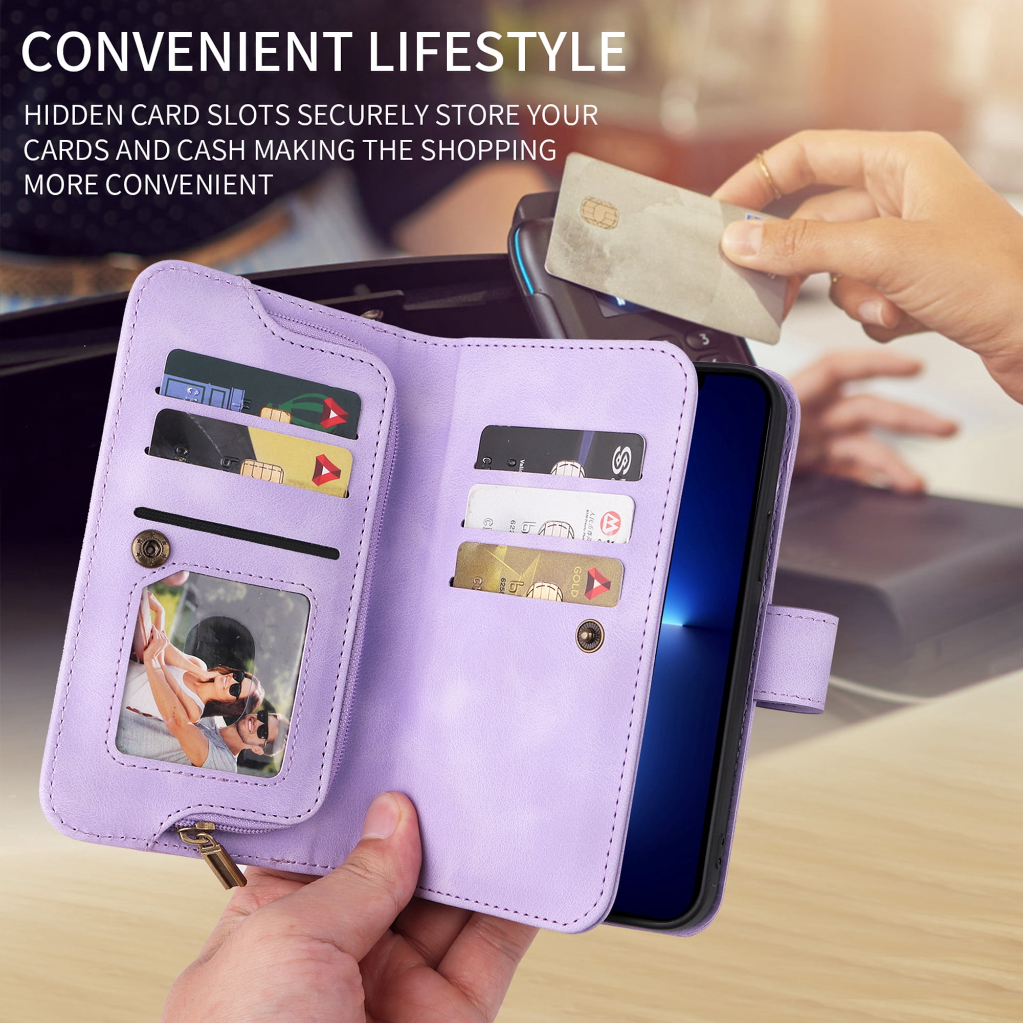 Dteck for Apple iPhone 14 Pro 6.1 inch Wallet Case for Women Men, Sturdy PU Leather Case Magnetic Flip Zipper 7 Cards Holder Wristlet & Shoulder Strap Kickstand Phone Case,  Purple