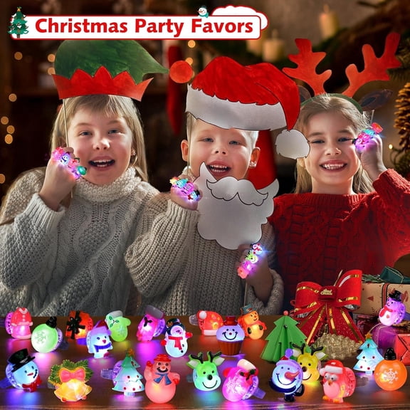Christmas Party Favors 24Pcs 3D LED Finger Lights for Kid & Adults Toys Light Up Rings Stocking Stuffers Party Favors Assorted Styles Gift Package No-Repeat Non Candy Gift
