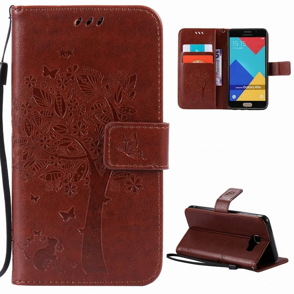 Galaxy A5 2016 Case, Samsung Galaxy A5 Case, Allytech [Embossed Cat & Tree] Slim PU Leather Case Full Body Protective Flip Kickstand Cover with Wrist Strap for Samsung Galaxy A5 2016 Version, Brown