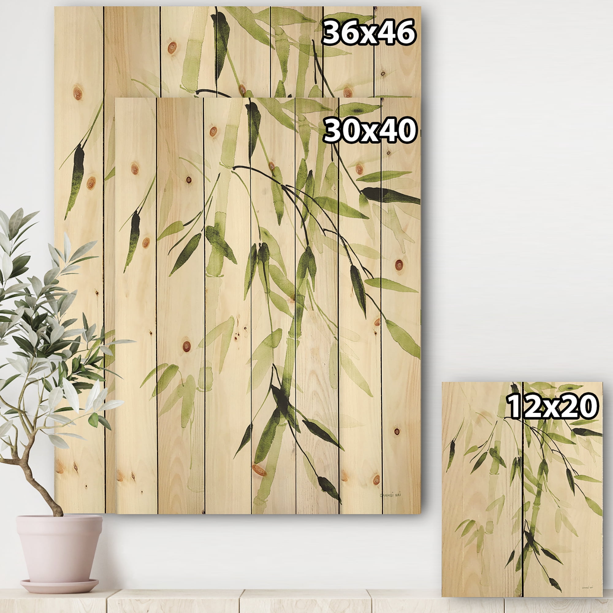 Designart 'Simplist Bamboo Leaves II' Lake House Print on Natural Pine Wood