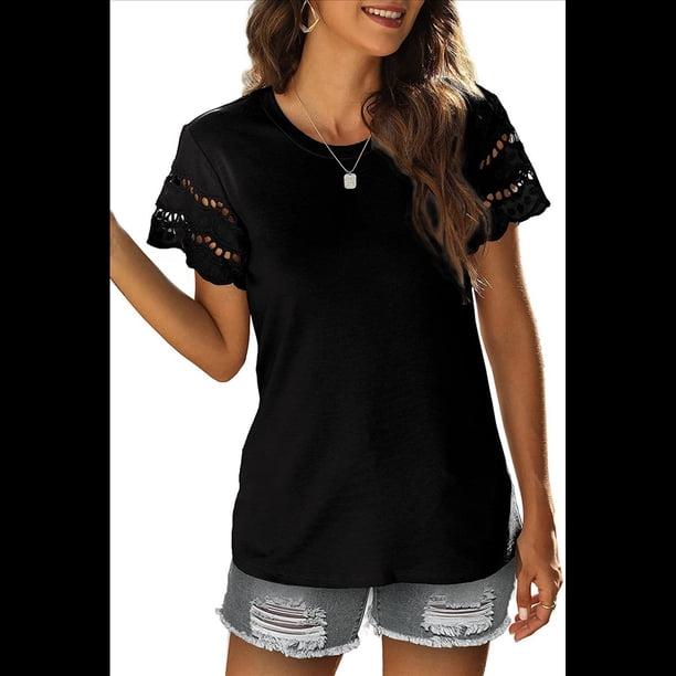 Camisetas de Corta con Encaje para Mujer, Blusas de Verano, Camisetas Informales Holgadas. Negro S