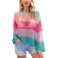 thumbnail image 1 of Mujeres Crochet Hollow Out Cover Up Manga larga Bloque de color Cuello redondo Bikini de playa Traje de baño Top de malla Púrpura M, 1 of 12