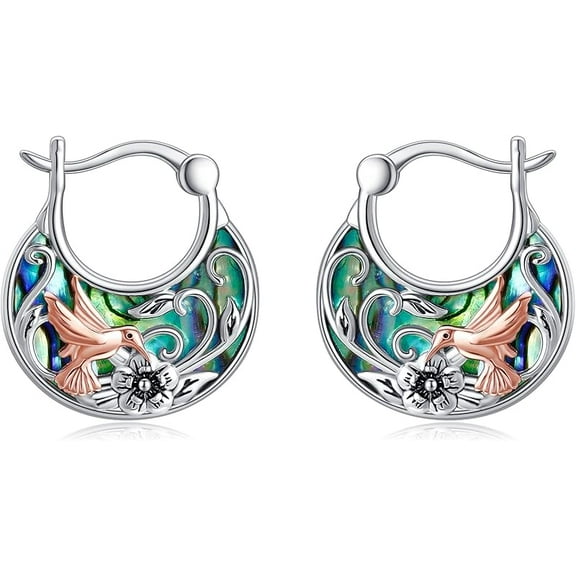 DOLIOX Hummingbird Sunflower Lotus Flower Earrings for Women 925 Sterling Silver Hoop Earrings Abalone Jewelry for Her