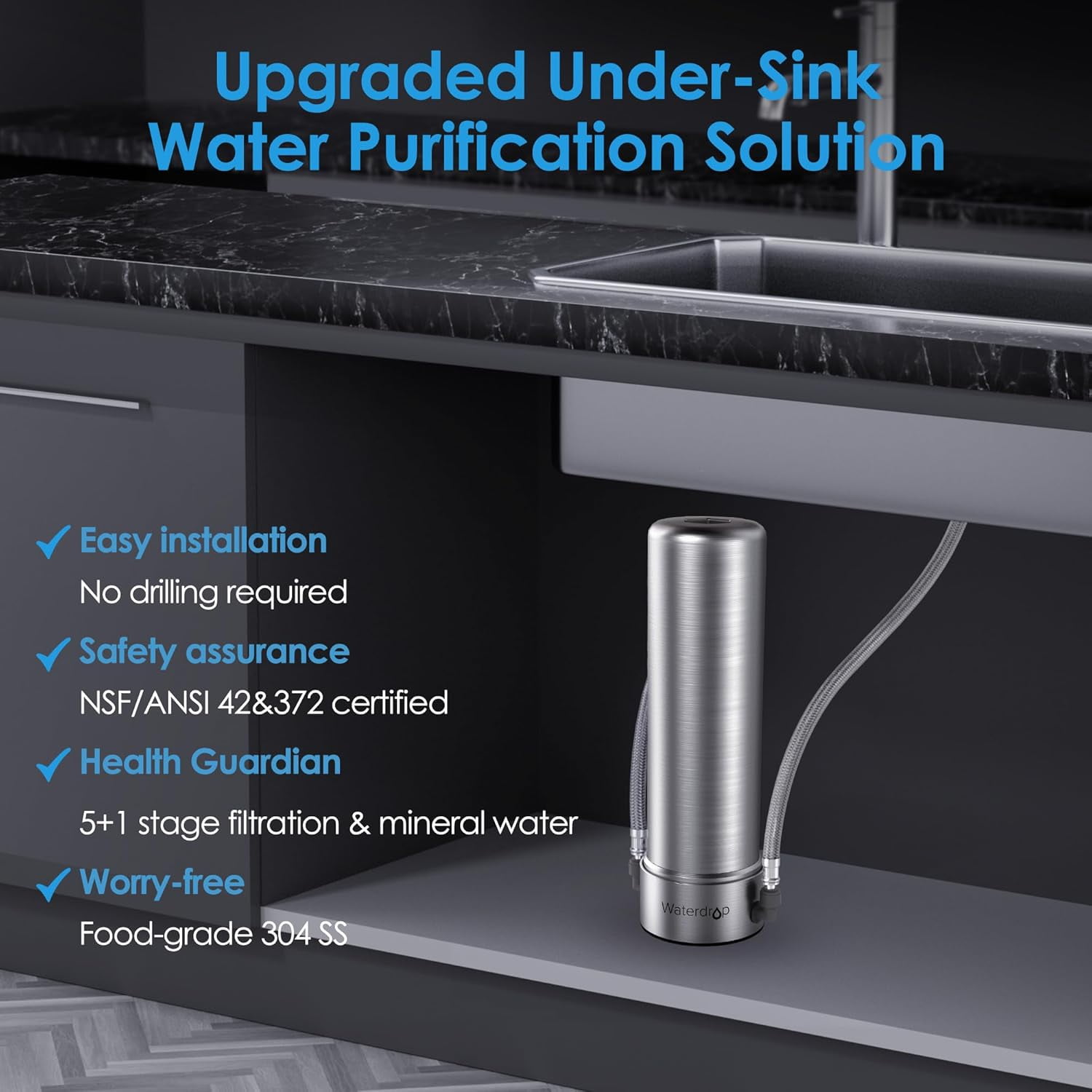 Restored Waterdrop AS13 Under Sink Water Filter System, Reduces Lead, Chlorine, Bad Taste & Odor, PFAS, No Drilling Required 6 Stage Stainless Steel Under Sink Water Filtration (Refurbished)