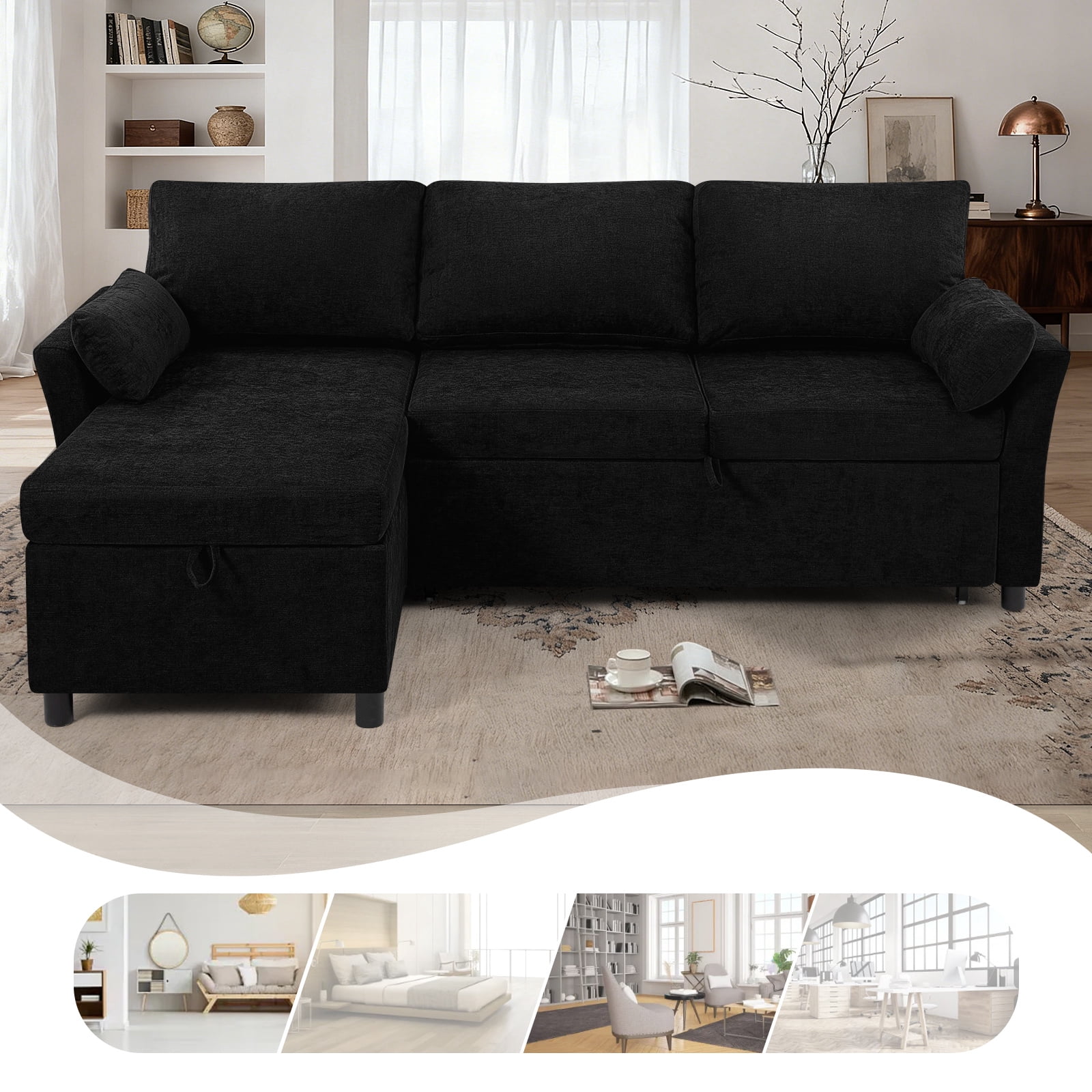 ACMEASE 83 Inches Fabric Sectional Sofa with Pull Out Sofa Bed, Modern L Shaped Sofa with Throw Pillows, Comfortable Sleeper Couch with Storage Chaise for Living Room, Black