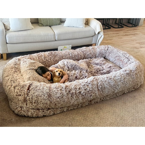 Uforic Oversized 79"x43" Human Dog Bed with Memory Foam, Pillow & Blanket, Washable Dark Brown Fur Cover