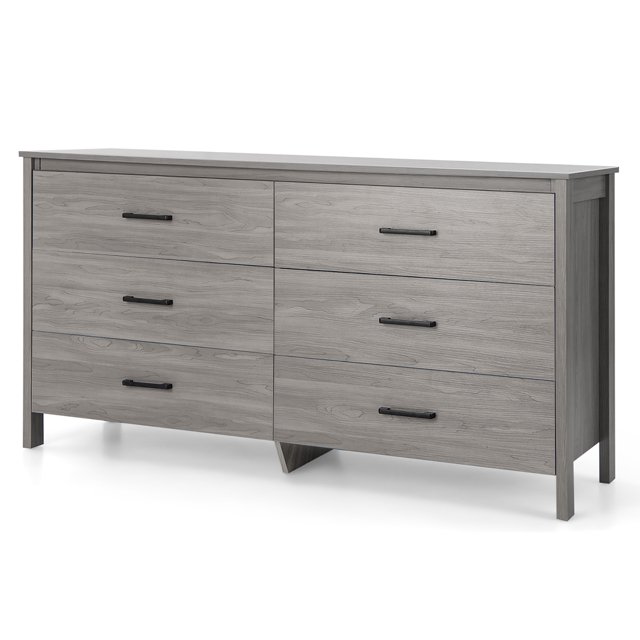 Gymax 6 Tiroirs Commode Double Commode Armoire de Rangement en Bois Chambre à Coucher Gris