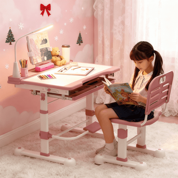 Kids Adjustable Desk & Chair Set with LED Light & Tilt Top, Study Table with Drawer & Bookstand, Pink