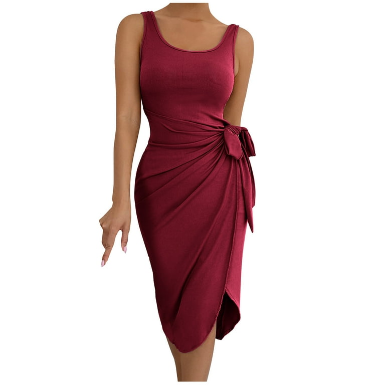 Wycnly Dresses for Women 2024 Sexy Bodycon Night Party Club Knitted  Irregular Tie Tank Dresses Sleeveless Scoop Neck Solid Summer Midi Sun  Dress Red M