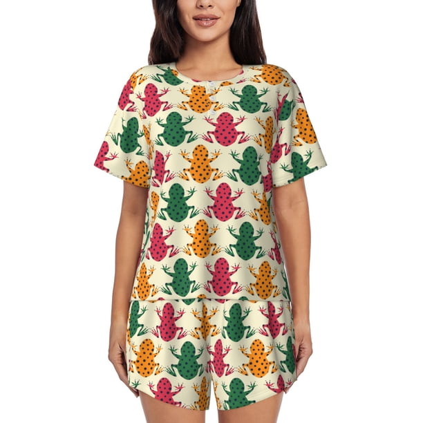 Balery Colorful Frogs Conjunto de Pijama para Mujer con Estampado, Dos Piezas de Manga Corta y Shorts, Ropa de Dormir Suave con Cuello Redondo y Bolsillos-4X-Large