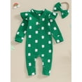 thumbnail image 3 of Baby Girl St. Patrick's Day Outfit Long Sleeve Lucky Clover Jumpsuit Romper with Headband Set Newborn Spring Clothes, 3 of 7