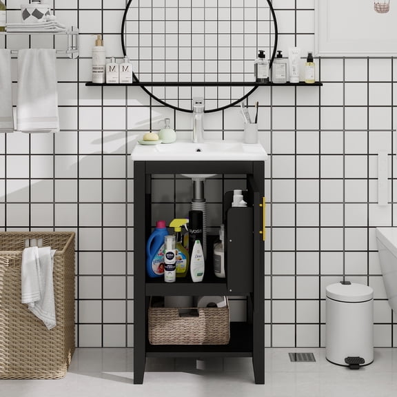 20" Bathroom Vanity with Sink, Bathroom Cabinet with Soft Closing Door, Storage Rack and Open Shelf, Black