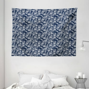 Navy Blue Tapestry, Floral Arrangement Botanic Foliage Pattern Japanese Composition Eastern, Wall Hanging for Bedroom Living Room Dorm Decor, 80W X 60L Inches, Dark Blue White, by Ambesonne