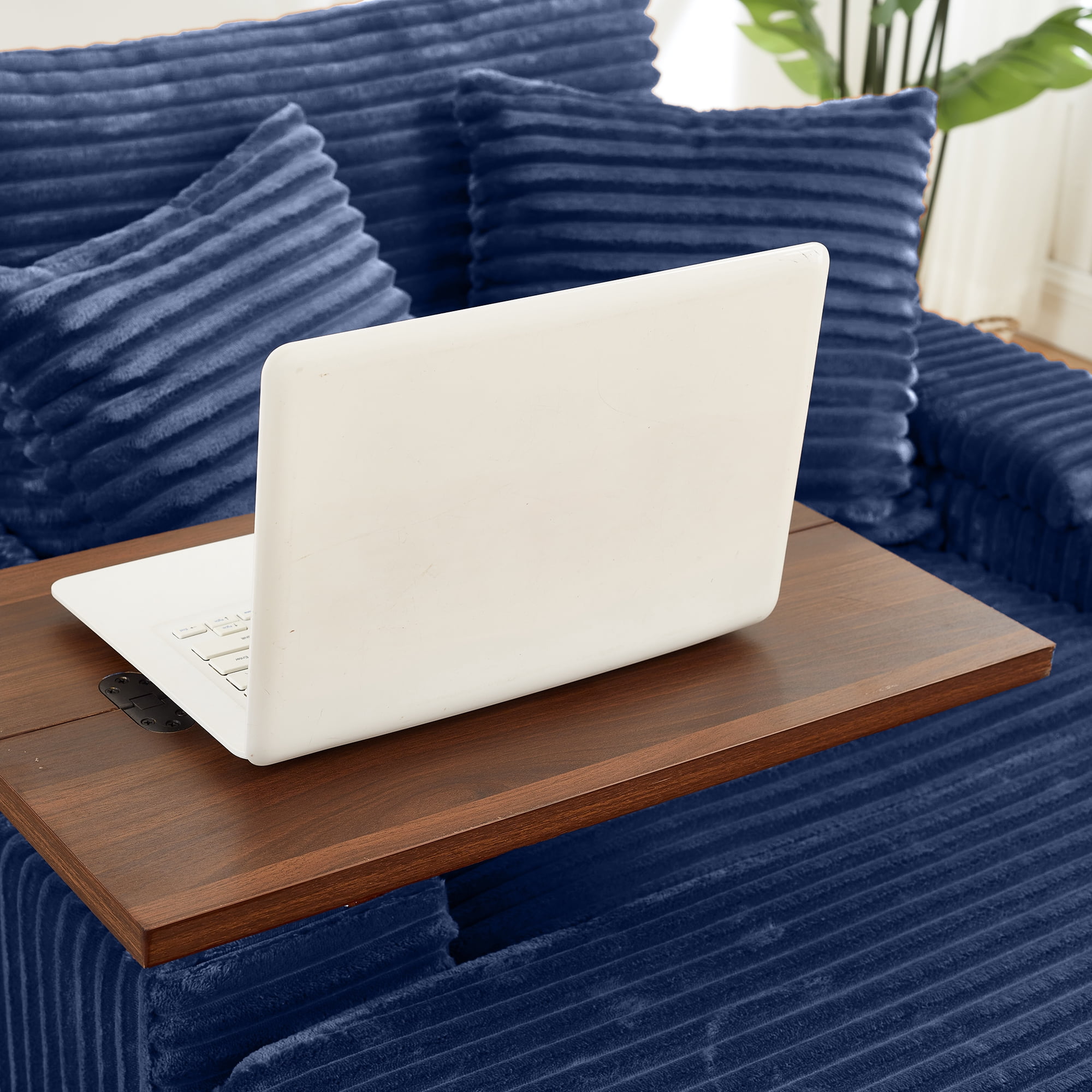 Aukfa Corduroy Chaise Lounge Chair with Ottoman, Hidden Rotating Table, Storage Armrest with Cup Holder, USB Port & Bluetooth Speaker, Blue