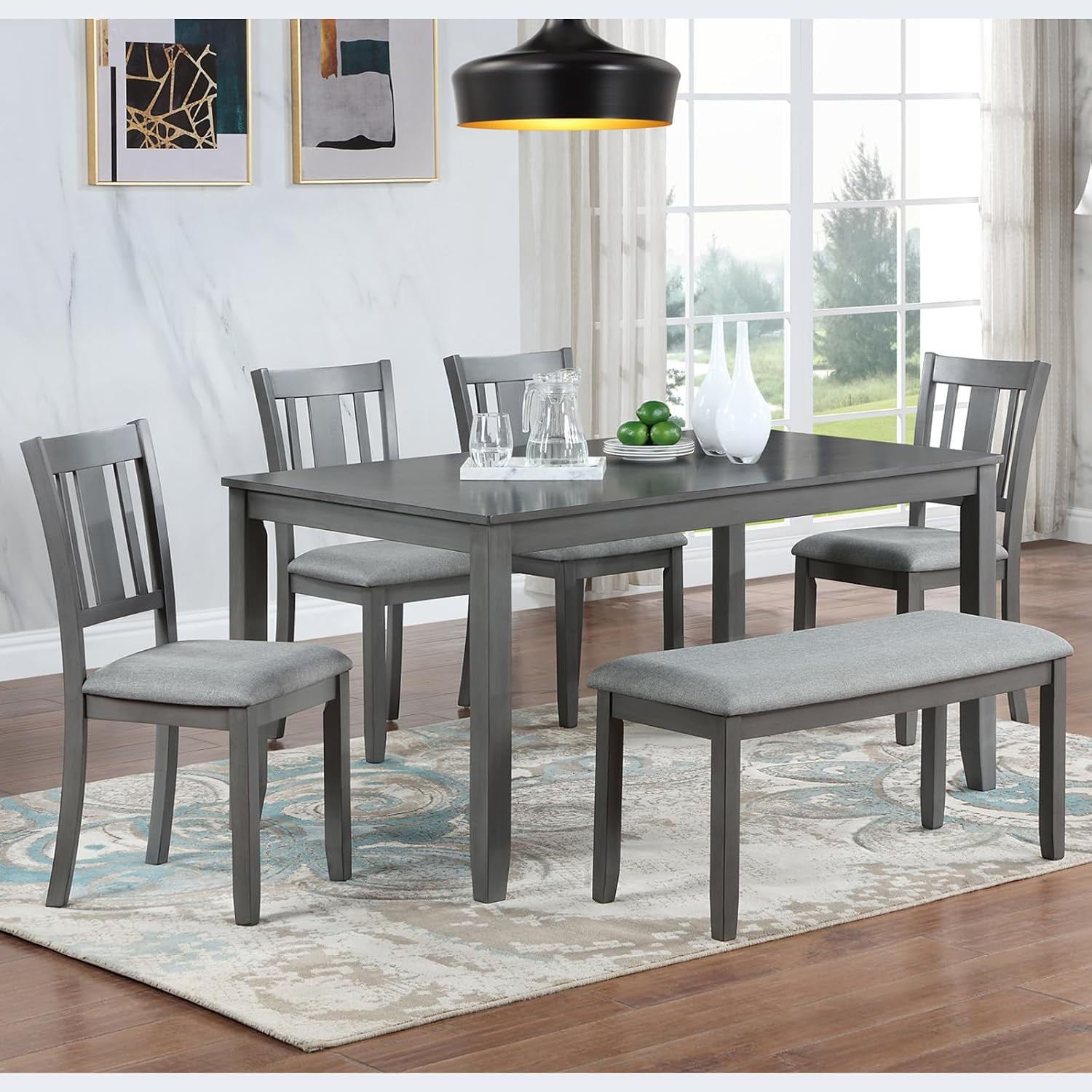 LJAN 6-Piece Standard Height Dining Table Set Rectangular Wooden Dining Table with 4 Upholstered Chairs and a Bench Dining Table Set for 6 People Living Room Home Bar and Kitchen