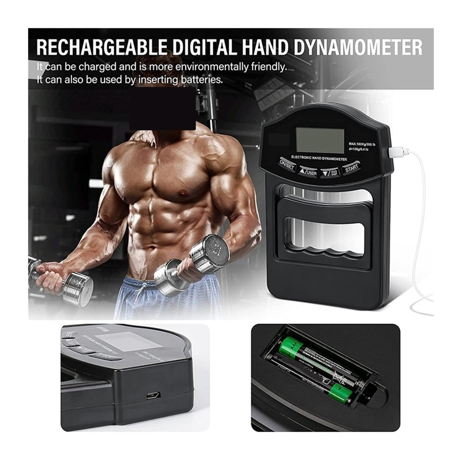 Grip Strength Tester, 396Lbs/180Kg Digital Hand Dynamometer Grip Strength Meter USB LCD Screen Hand Grip Dynamometer