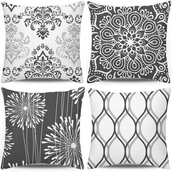 Decorative Throw Pillow Covers 18x18 Set of 4, Dark Grey and White Modern Simple Square Pillow Case Cushion Cover for Sofa Couch Farmhouse Outdoor Living Room (Dark Gray and White, 18x18 inch)