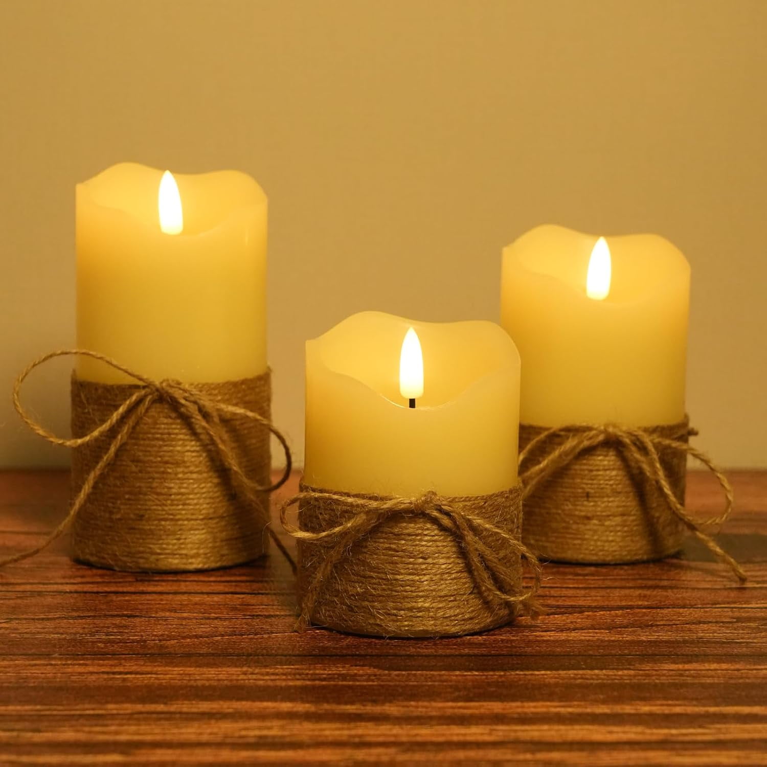 HomWamee Flameless Candles , Flickering Hemp Rope  with Remote Timer-3D , Set of 3  Battery Powered