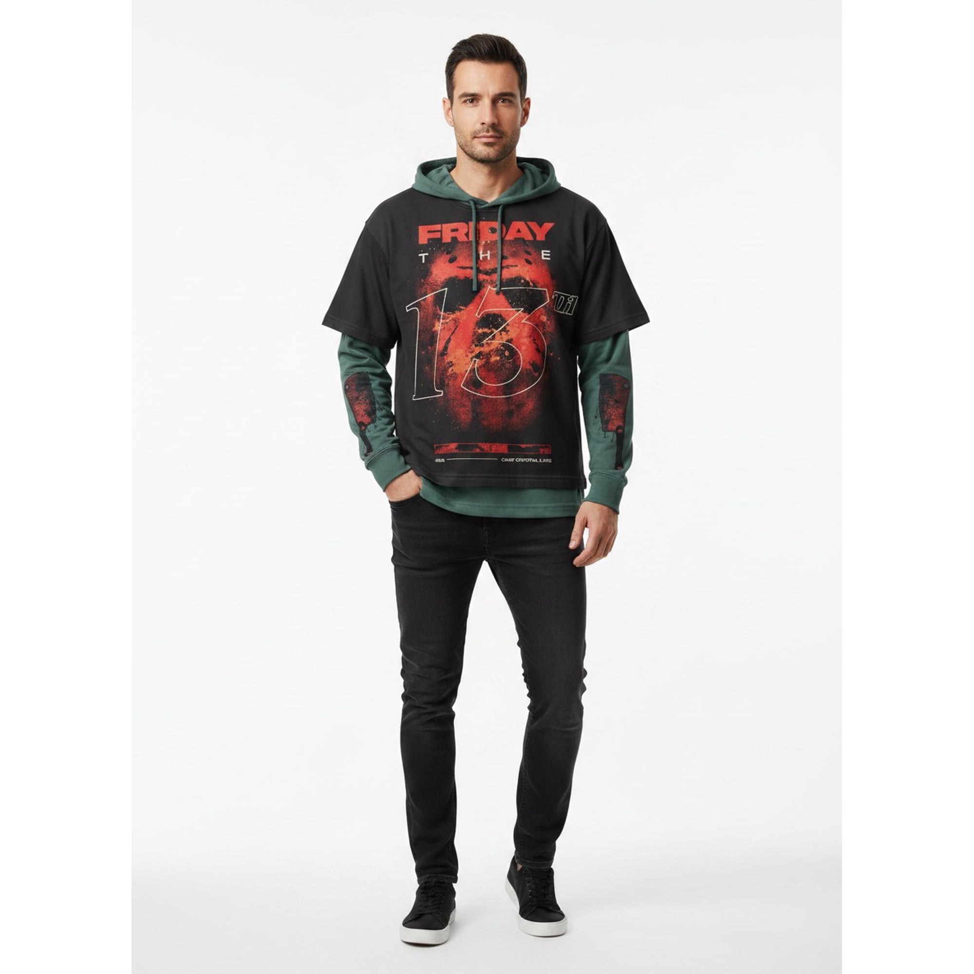 Friday the 13th Men's Halloween Layered Look Graphic Tee with Long Sleeve Hoodie, Sizes XS-3XL