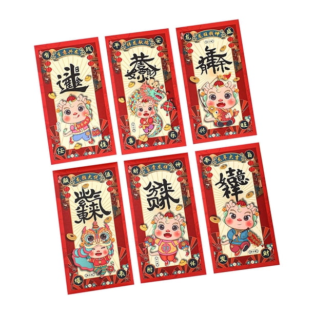6 sobres rojos de Año Nuevo, paquetes rojos 2024, regalos de dragón, Hongbao, Hong Bao, suerte Estilo C