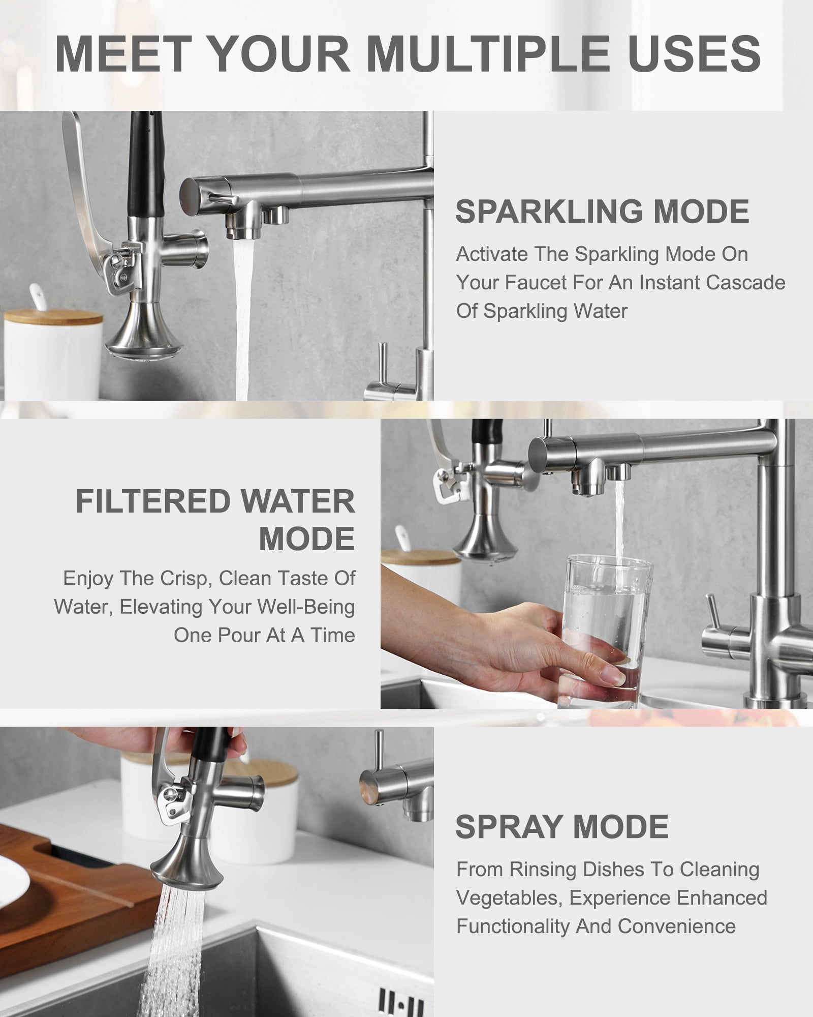 WOWOW Double-Handles Pull Down Sprayer Kitchen Faucet with Drinking Water for 1 or 3 Hole in Solid Brass in Brushed Nickel