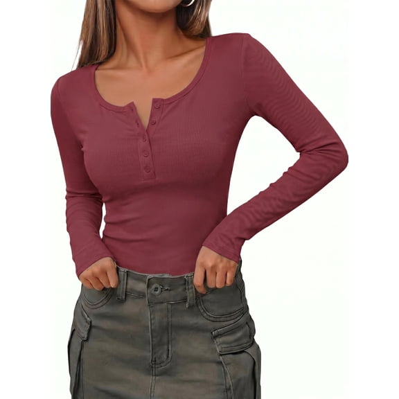 Zeagoo Women's Sping Fall Basic T-Shirt Long Sleeves Henley Ribbed Knit Shirt Slim Fitted Casual Tops