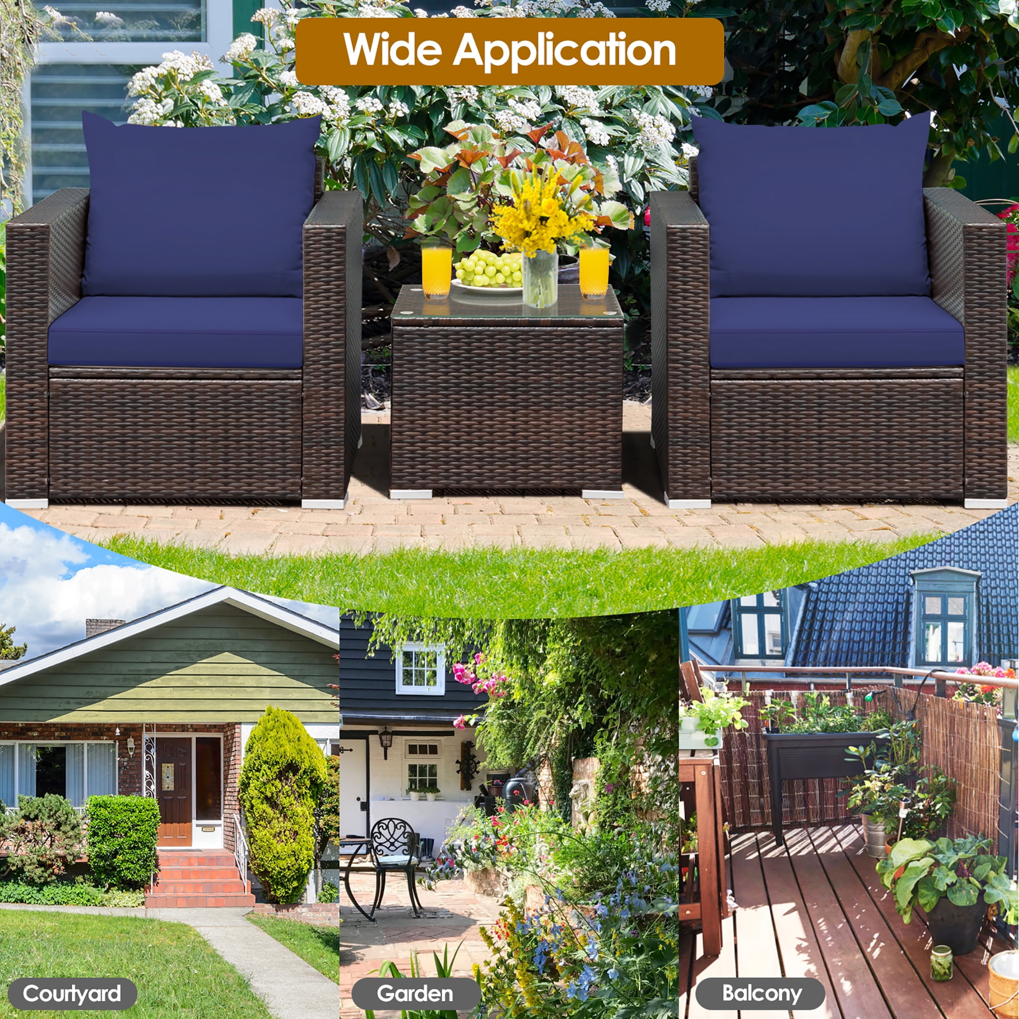 Costway 3PCS Patio Rattan Furniture Set Conversation Sofa Cushioned Navy